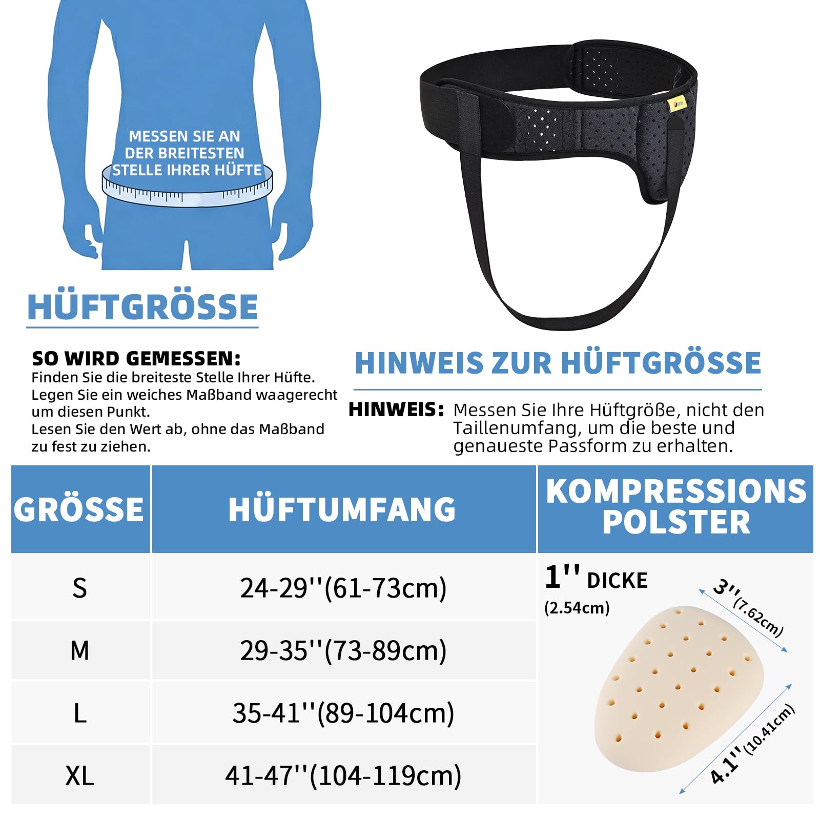 Tenbon Herniengürtel für Männer, Leistenhernien-Unterstützung, medizinischer Hernienschutz, Leistenbandage für einzelne Sporthernien, verstellbarer Hüftgurt mit abnehmbaren (Black, L)