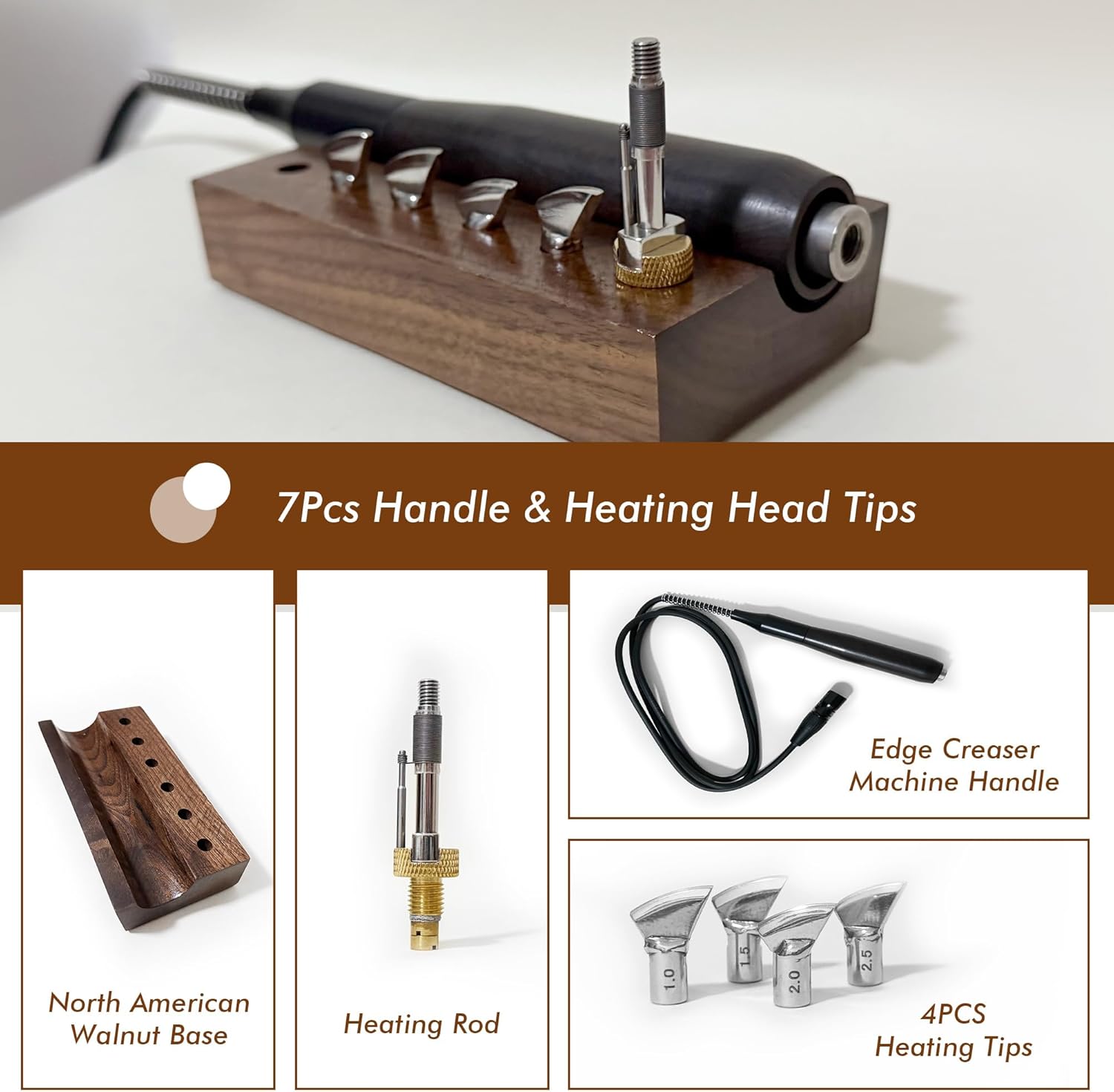 7Pcs Leather Creaser Machine Handle & Heating Head Replacement, Universal Fabric Sealing Iron Press Tip Set for Leather Edge Creaser, Heat Resistant & Durable​