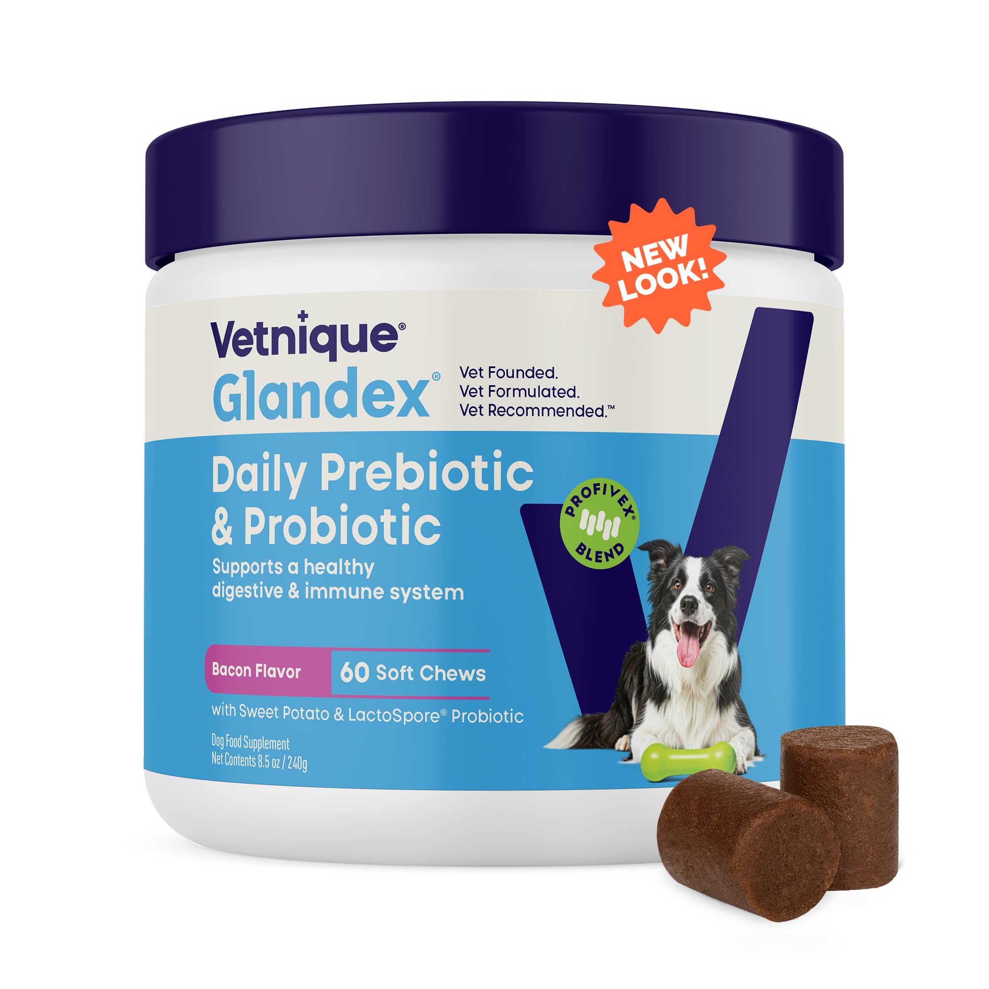 Vetnique Glandex Daily Probiotics for Dogs with Prebiotics to Support Gut Health with Fiber and Digestive Enzymes, Dog Probiotic Chews or Powders (60ct Chews, Bacon Chews)
