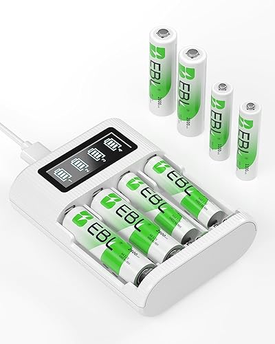 EBL Paquete de 8 pilas AA AAA con cargador de batería inteligente LCD de 4 bahías, incluye 4 baterías recargables dobles A de 2800 mAh y 4 baterías