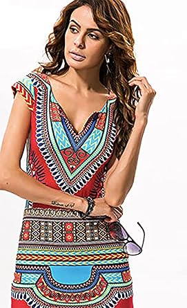 Women Boho Dashiki Short Sleeves Print Pattern Fashion Fiesta Dress Skirt Mini Dress