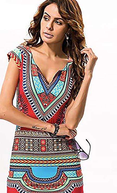 Women Boho Dashiki Short Sleeves Print Pattern Fashion Fiesta Dress Skirt Mini Dress