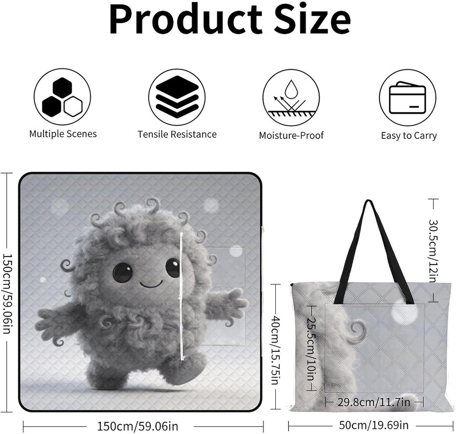 Grey Villi Picnic Blanket with Zipper Water Resistant Sand Free Picnic Mat Washable Foldable Easy Carry Beach Blanket for Lawn Beach Hiking Camping