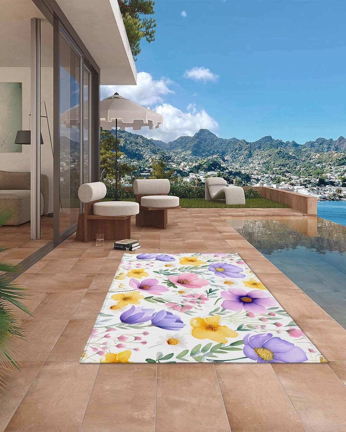 Outdoor Rug 4x6 ft Watercolor Spring Outdoor Large Area Rug Non Slip Rubber Colorful Flowers Washable Front Door Mat RV Rug Camping Carpet Patio Outdoor Rugs for Backyard Balcony Deck Porch Indoor