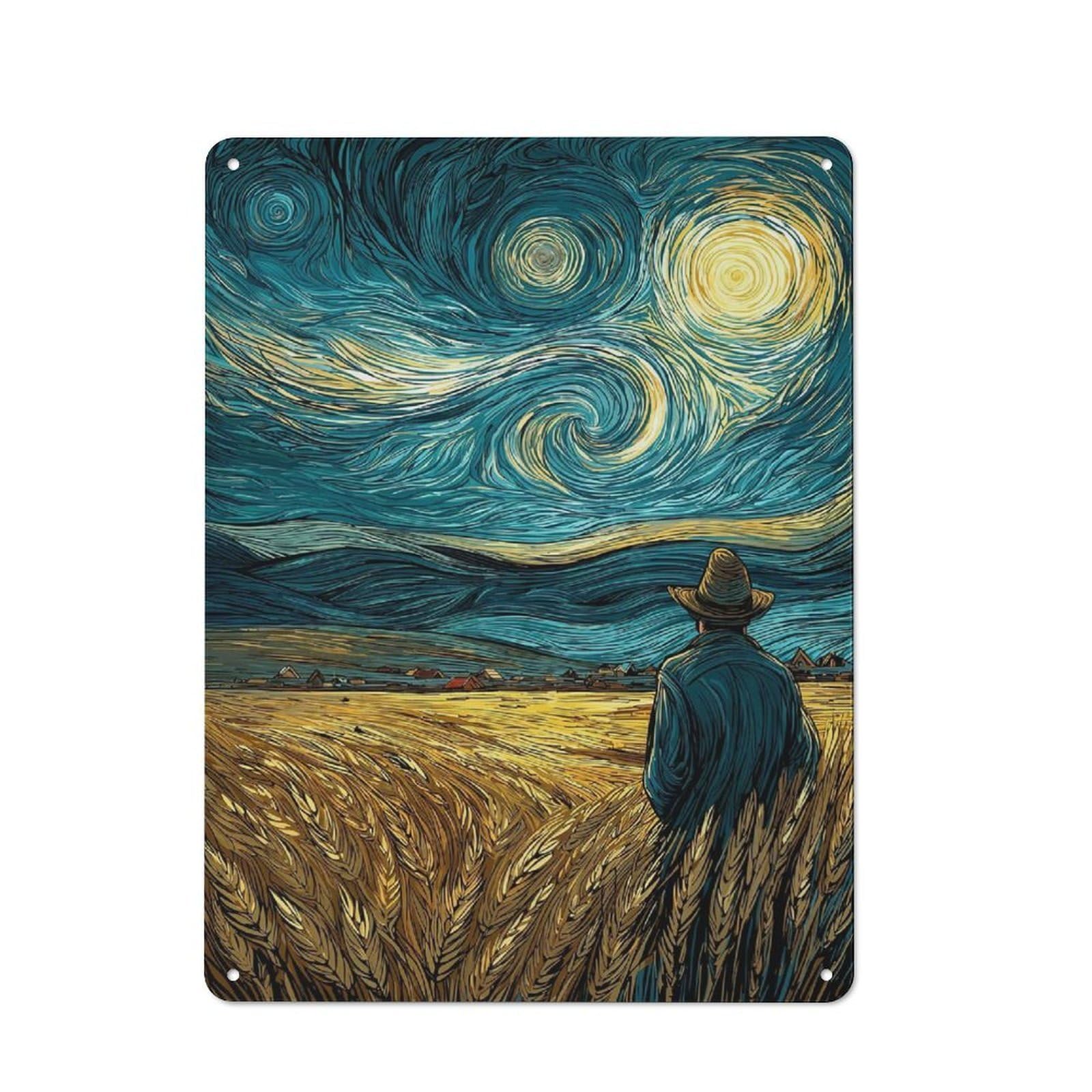 For Garage Or Workshop, Wheatfield Under A Starry Night Rustic Metal Plaque 40x30cm, Suited to Wall Displays in Garages And Tool Rooms