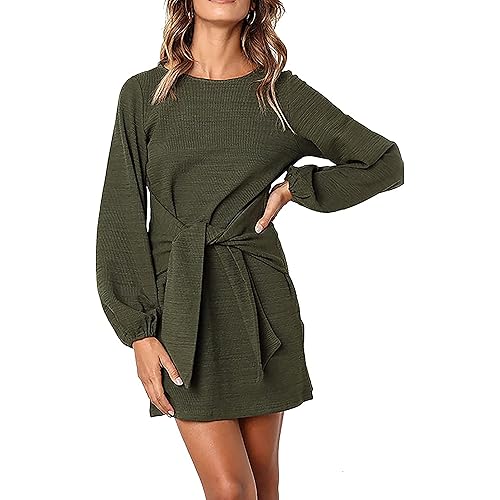 PRETTYGARDEN Women's Elegant Long Lantern Sleeve Short Dress Crewneck Tie Waist Knit Cocktail Dress