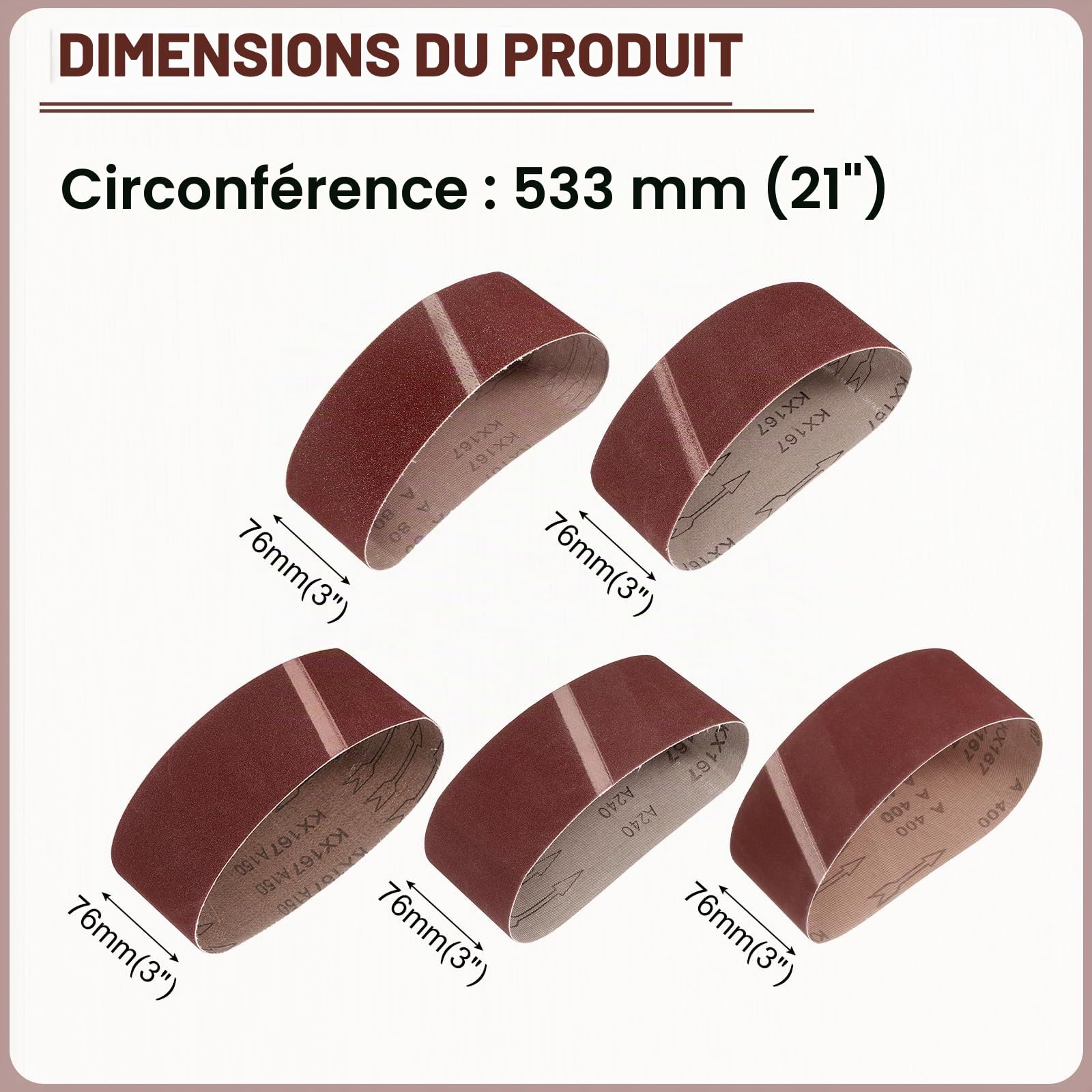 sourcing map Lot de 15 bandes abrasives de 76 mm x 533 mm - Grain 80/120/150/240/400 - Grain 80/120/150/240/400 - Pour le travail du bois, le polissage du métal, l'aiguiseur de couteaux