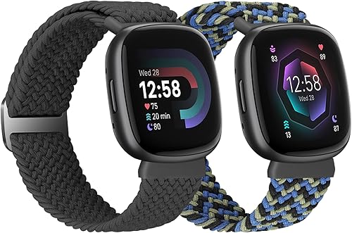 YCHDDER Paquete de 2 bandas elásticas trenzadas compatibles con Fitbit Versa 4Fitbit Sense 2Fitbit Versa 3Fitbit Sense, correa de repuesto deportiva