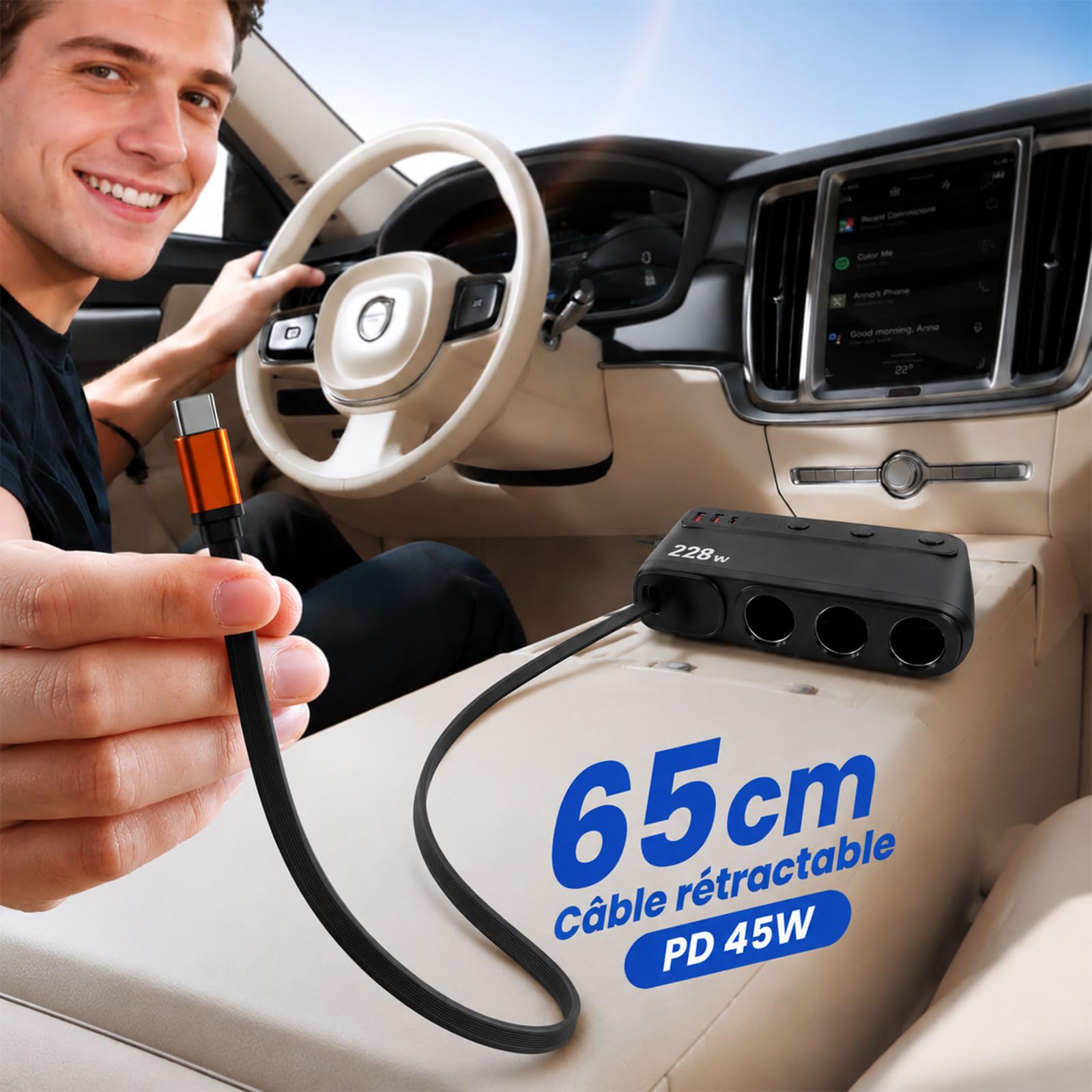 Cargador de coche USB-C PD45W, 9 en 1, 228 W, adaptador para