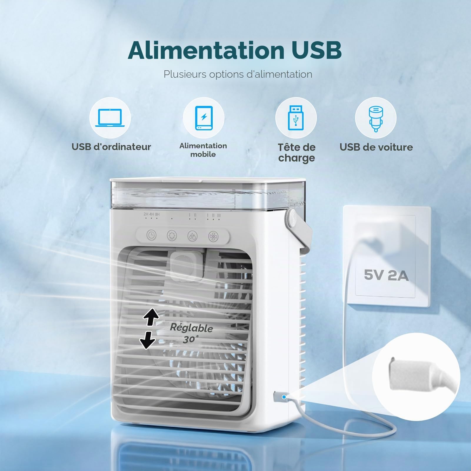 Climatiseur Portable, 3-en-1 Refroidisseur par Évaporation avec 3 Vitesses & 2 Modes Brumisation, 1000ml Mini Climatiseur, Ventilateur USB avec Lumière RGB & Minuterie pour Chambre Bureau Voiture