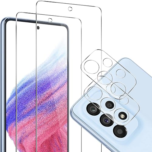 Hoimzx Paquete de 2 protectores de pantalla de vidrio compatibles con Samsung Galaxy A53 5G con 2 protectores de lente de cámara, antiarañazos,