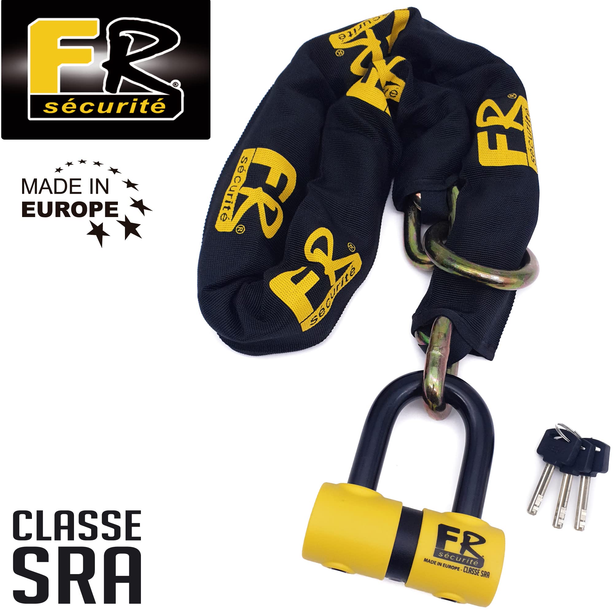 FR SECURITE FR50120L Catena ad Alta Sicurezza con Mini U Bloccadisco Moto Lucchetto Antifurto Scooter Blocco Disco Omologato Sra da 120 cm ø13.5, Passante