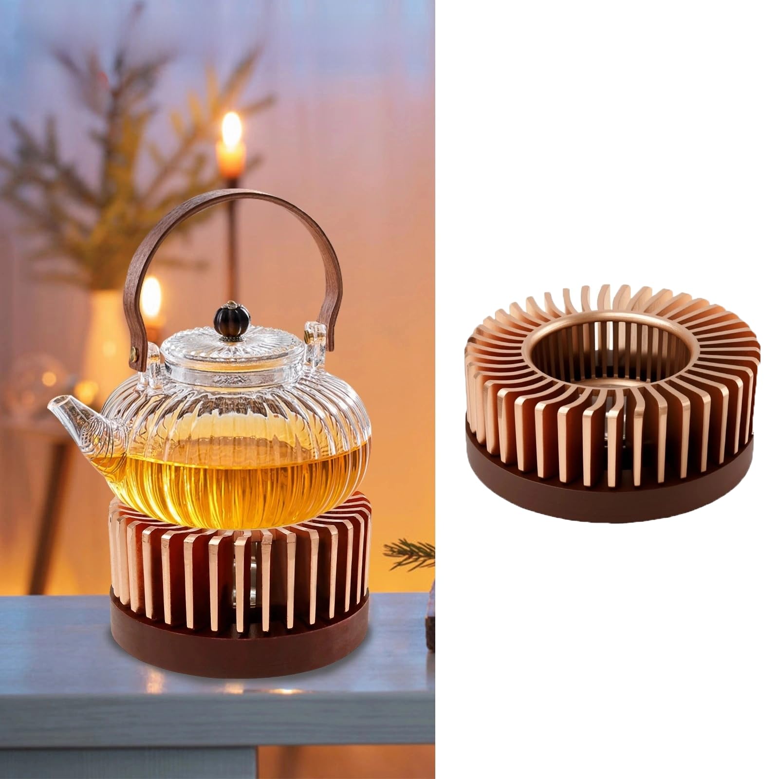 Teapot Warmer for Teapot, Teapot Warmer, Aluminium Alloy Outer Layer and Removable Pine Wood Base, Tea Warmer for Coffee, Tea, Milk, Food (Small)