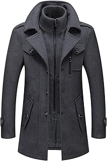 Men's Thermal Single Breasted Wool Blend Coat Business Peacoat with Deta...