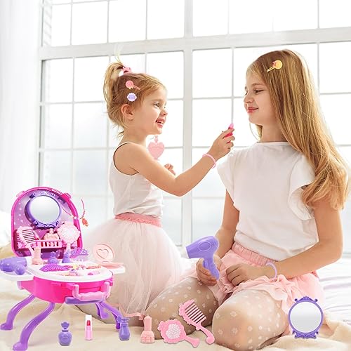 Miniatura 5 de Juego de tocador 4 en 1 para niñas, tocadores de juguete de 40 piezas con accesorios de moda, maquillaje de simulación para niños pequeños de 3 a 5