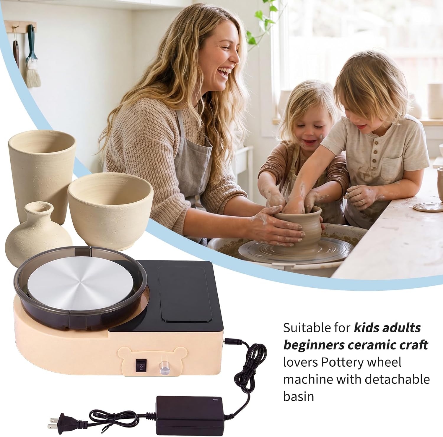 Pottery Wheel for Adults Kids, 6" Two-Way Rotation Clay Wheel, Electric Ceramic Forming Machine with Detachable Basin,DIY Clay Potter's Wheel Kit for Kids and Beginners Adults at Home