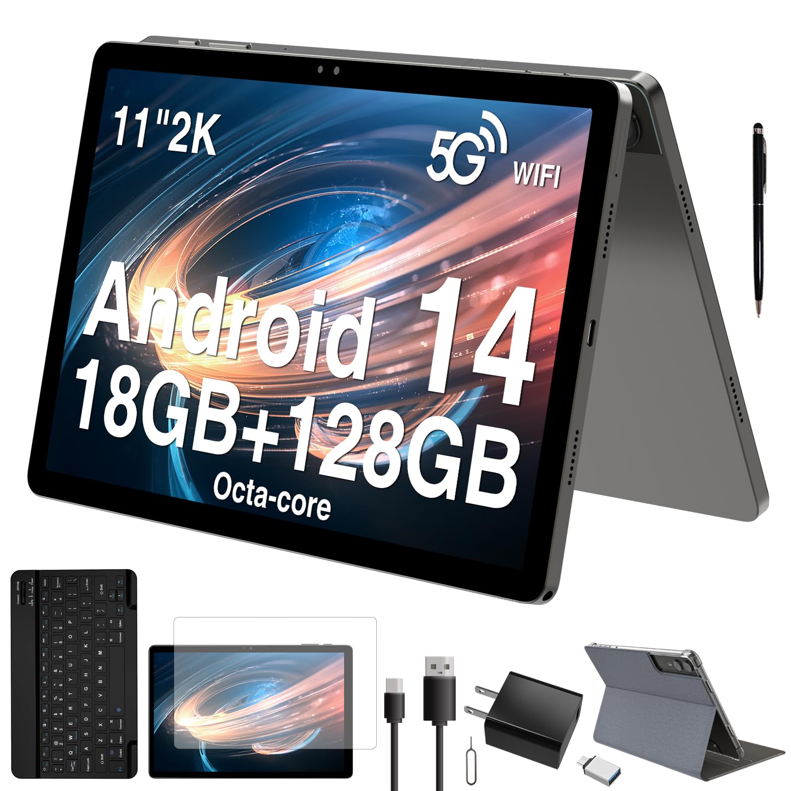 2025 Última tableta Android 14 de 11 pulgadas, 18 GB de RAM, 128 GB de ROM, 1 TB expandible, pantalla 2K, T616 Octa-Core, cámara de 13MP + 5MP + 5MP, batería de 9000 mAh, GPS, Face ID, altavoces cuádruples, tableta con teclado y lápiz