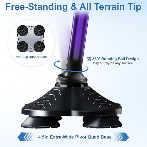 Miniatura 4 de KingPavonini Bastón de caminar para hombres y mujeres, estabilidad, bastón plegable de pie, mango ergonómico, base cuádruple pivotante, resistente,