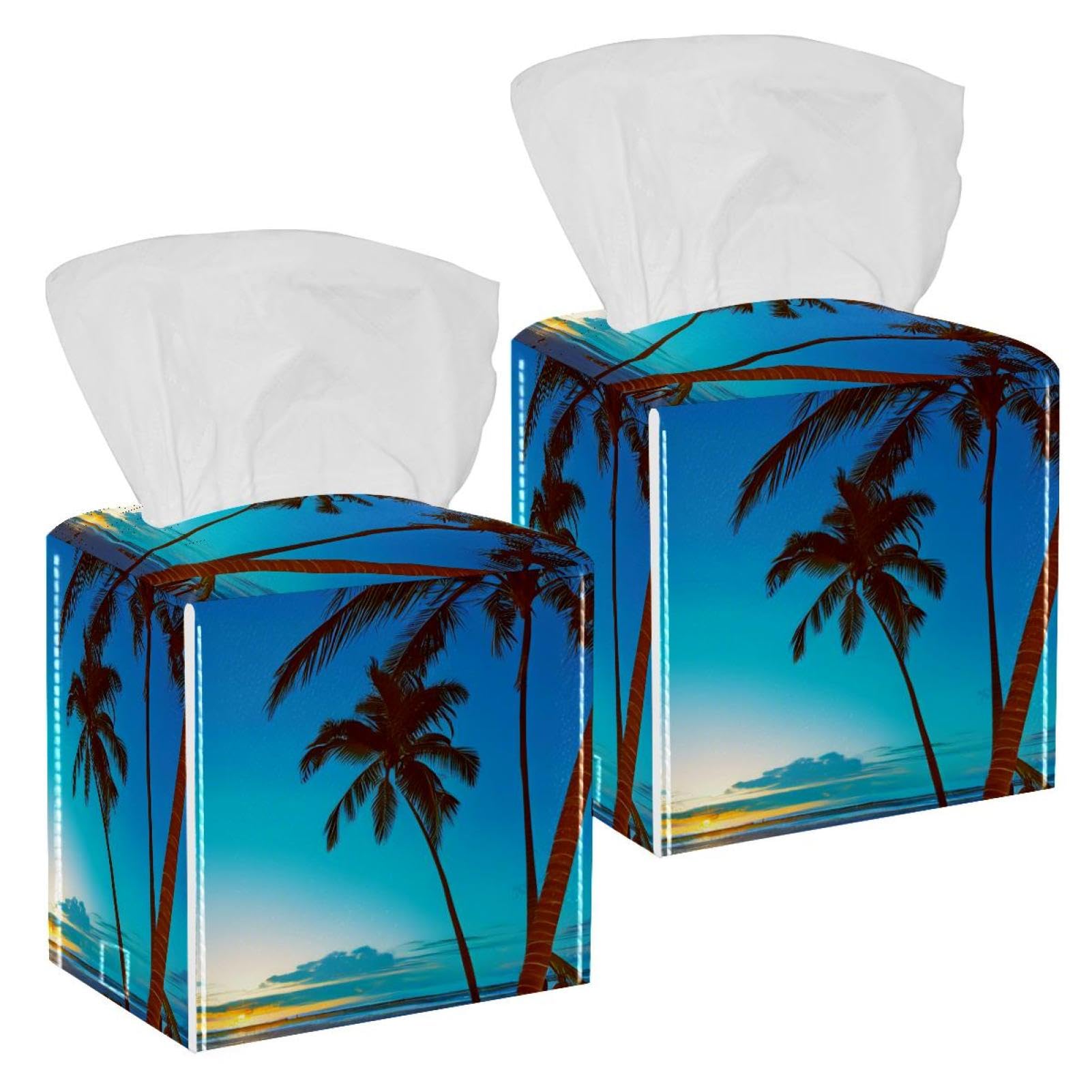 Coconut Tree Silhouette Tissue Box Cover, 2 Pack PU Leather Square Facial Tissue Dispenser Box holder for Home Office Car