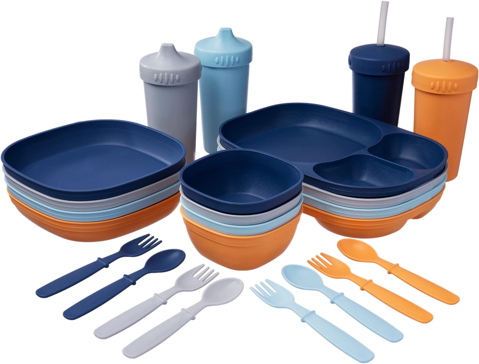 MightyMoe Kid’s Dinnerware Set - 28 Pieces, 4 Place Settings - Sunset Color Set - Tough Tableware for Toddlers - Made in the USA - Dishwasher and Microwave Safe - BPA Free and Shatter Resistant
