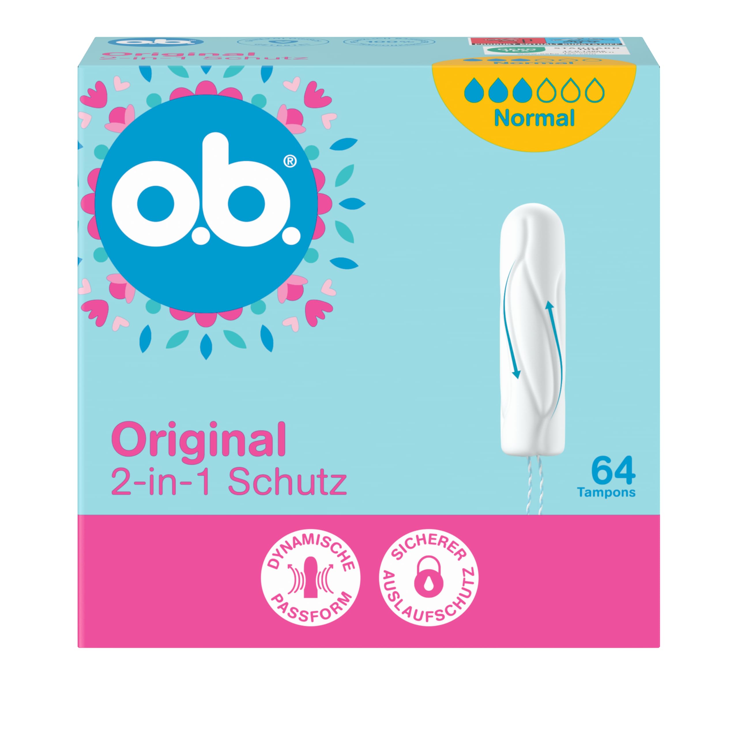 o.b. Oryginalne, normalne tampony ochronne 2 w 1 (1 x 64 szt.) z dynamicznym dopasowaniem i nachodzącymi na siebie rowkami dla 100% ochrony przed wyciekiem i komfortu