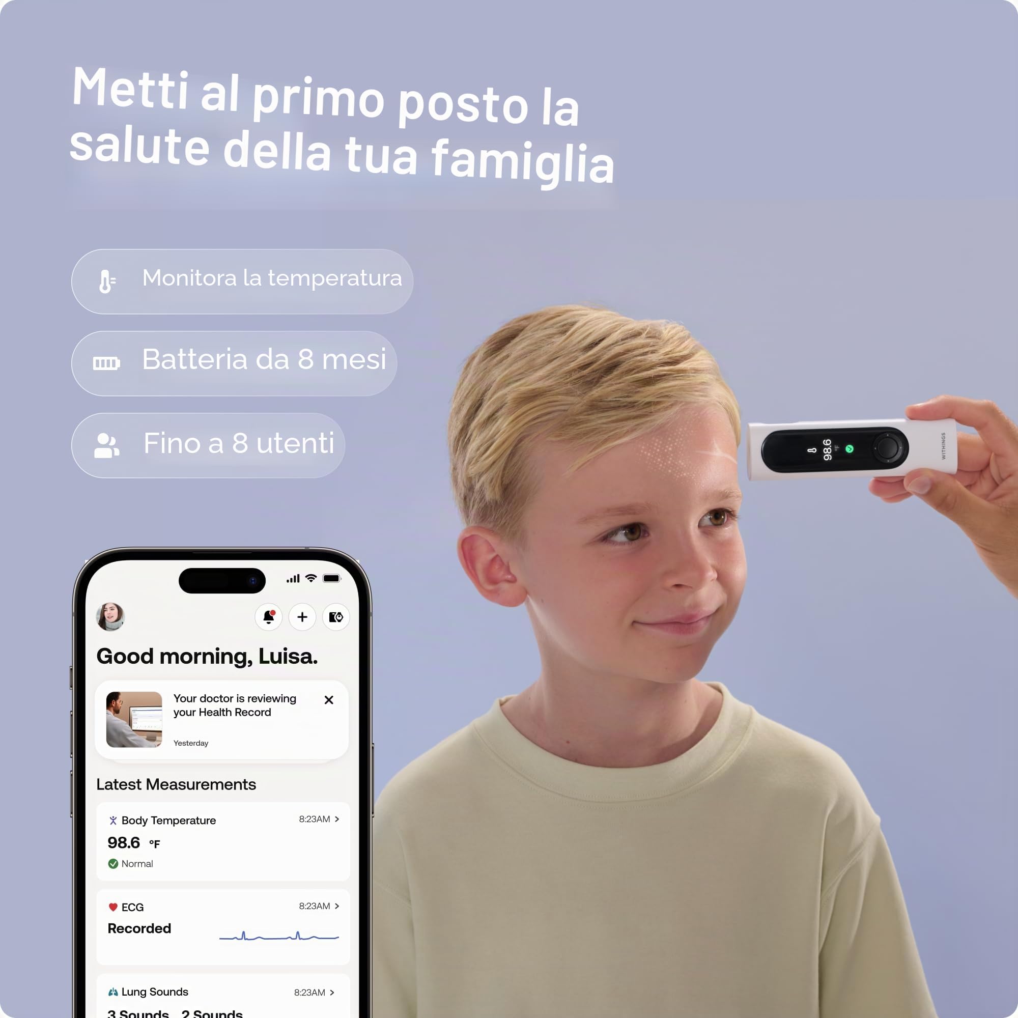 WITHINGS BeamO – Termometro Digitale Intelligente Senza Contatto, MultiScan 4-in-1, Monitor ECG, Pulsossimetro, Stetoscopio Digitale, Per Bambini e Adulti, Multiutente, Cura Familiare