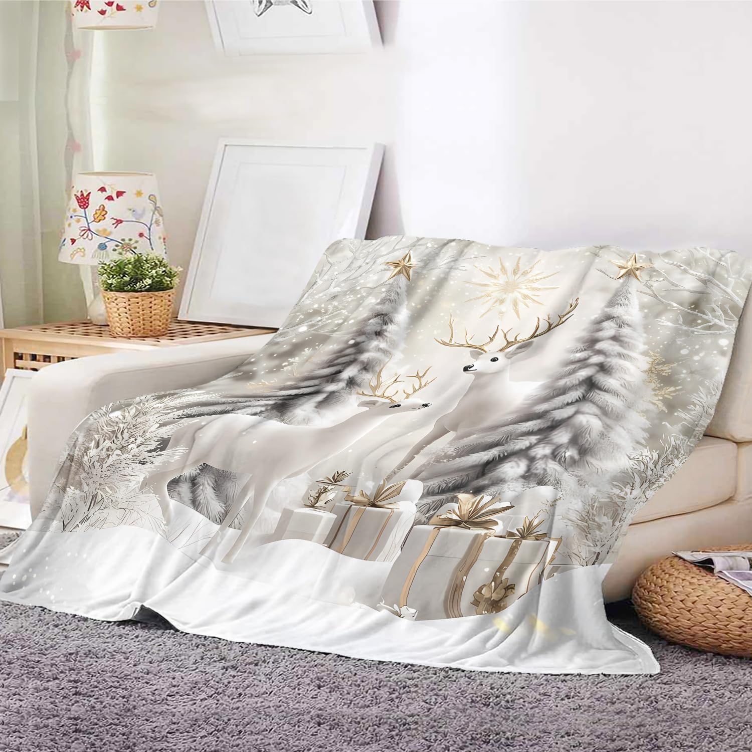 Christmas Reindeer Throw Blanket for Couch Bed Sofa Winter Holiday Cozy Christmas Tree Flannel Blanket with Snow Scene Deer and Pine Trees Farmhouse Christmas Decor Xmas Gifts (Xmas 1, 50''x60'') - Image 3
