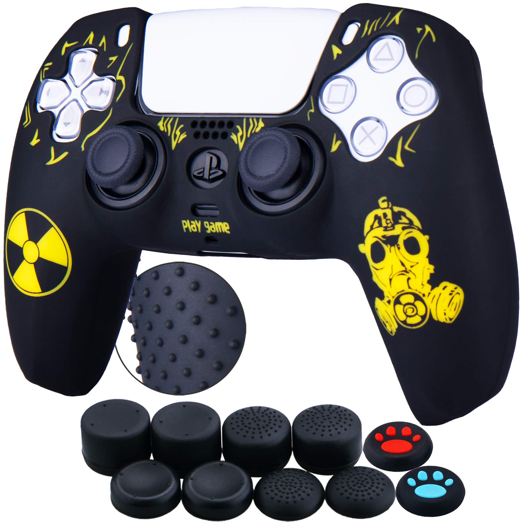 YoRHa Intaglio Laser Cassa Pelle Copertura Silicone Skin Cover Custodia per PS5 Dualsense Controller x 1 (Giallo di Radiazione) Con PRO Presa del Pollice Thumb Grips x 8