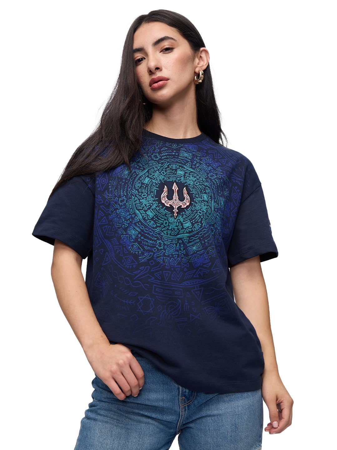 the souled store Trident Women and Girls Short Sleeves Round Neck Blue Embroidered Cotton Oversized T-Shirts-picture-59