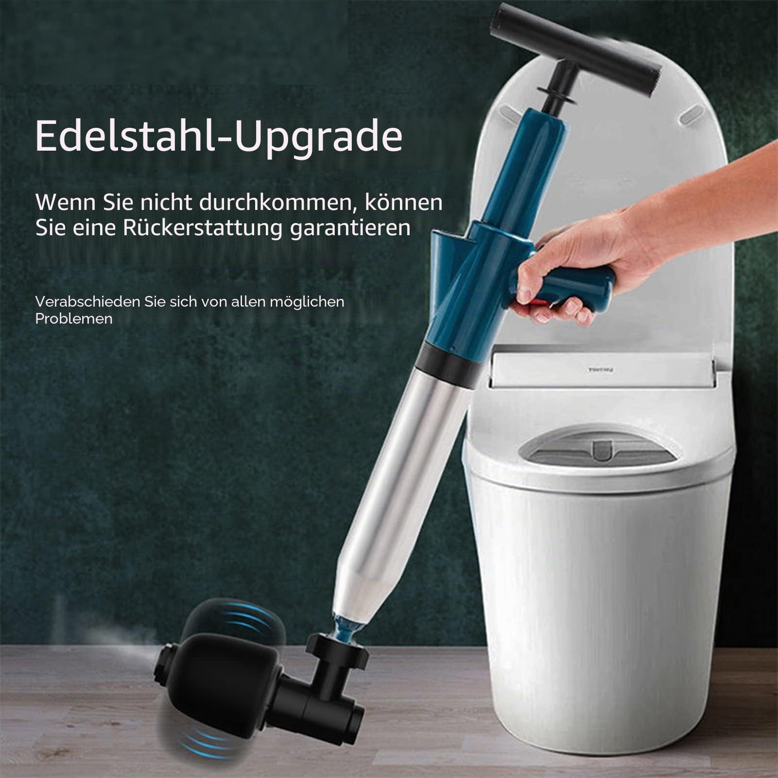 5-in-1 Hochdruck-Druckspüler mit Pressluft | WC Pömpel für Toilette/Waschbecken/Badewanne | Abflussreiniger gegen Haare/Papier Verstopfung | Profi Rohrreiniger-Set mit Spirale (Blau)