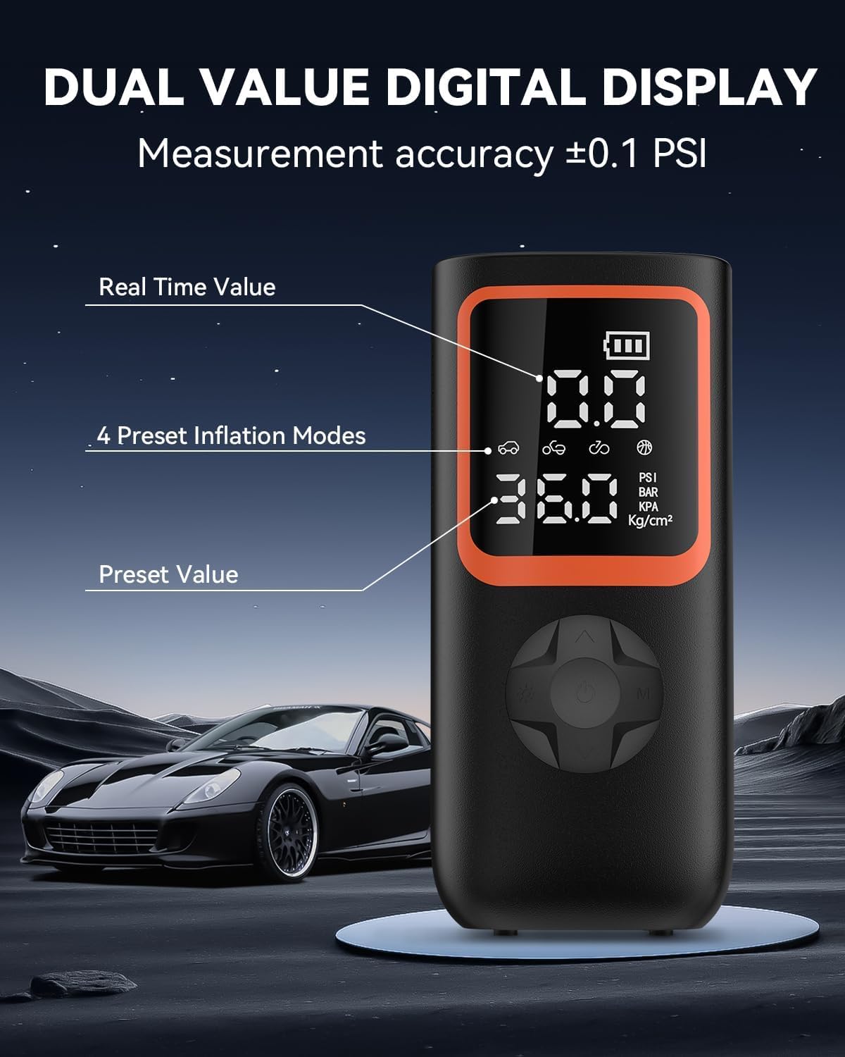 Gonfleur de pneus portable - Pompe à air sans fil 150PSI pour pneus de voiture avec manomètre et lumière LED, gonflage 2X plus rapide Compresseur d'air électrique pour voiture, vélo, moto, ballon