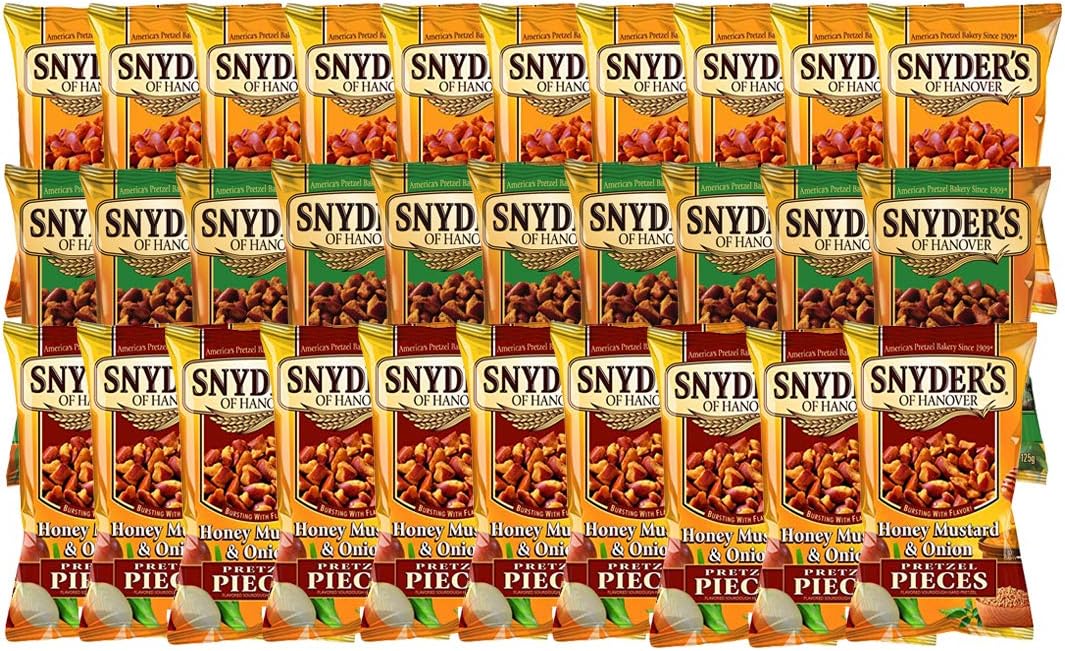 Snyders of Hanover Pretzel Pieces Mixed Pack, 30 (Cheddar Cheese & Onion, Jalapeño, Honey Mustard & Onion)