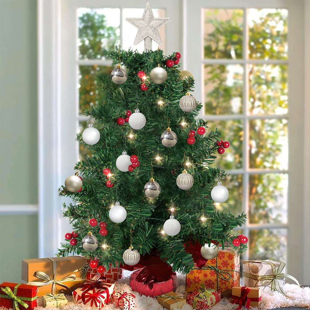 Decoracion de Bolas Arbol de Navidad Blanco Oro 3CM, 30 pcs, Mini Adornos, Esferas de Plastico, Regalos Colgantes