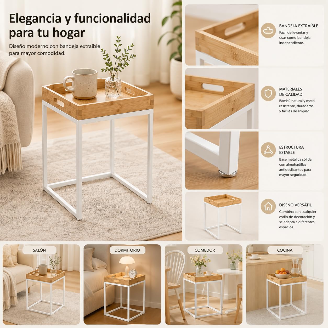 Mesas de Centro Nido XZ-22166-1 Set 2, Cuadradas Bambú y Metal, Estilo Nórdico, Color Blanco, Mesas Auxiliares para Salón, Diseño Moderno y Resistente