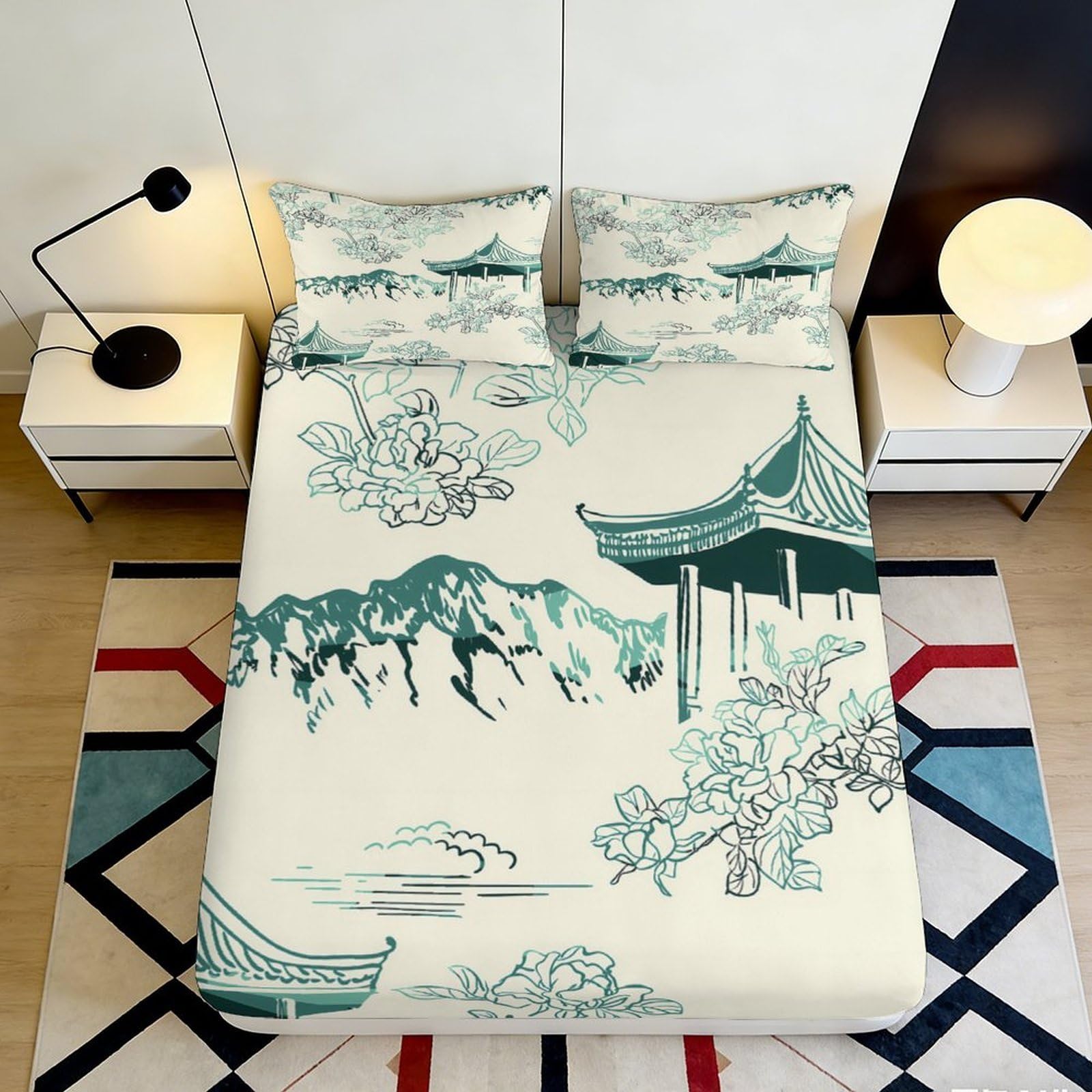 3D Printed Chinese Pavilion Fitted Sheet Microfiber Soft Mountain Blossom Bed Cover for Bedroom Dorm Decor 90x200x25cm