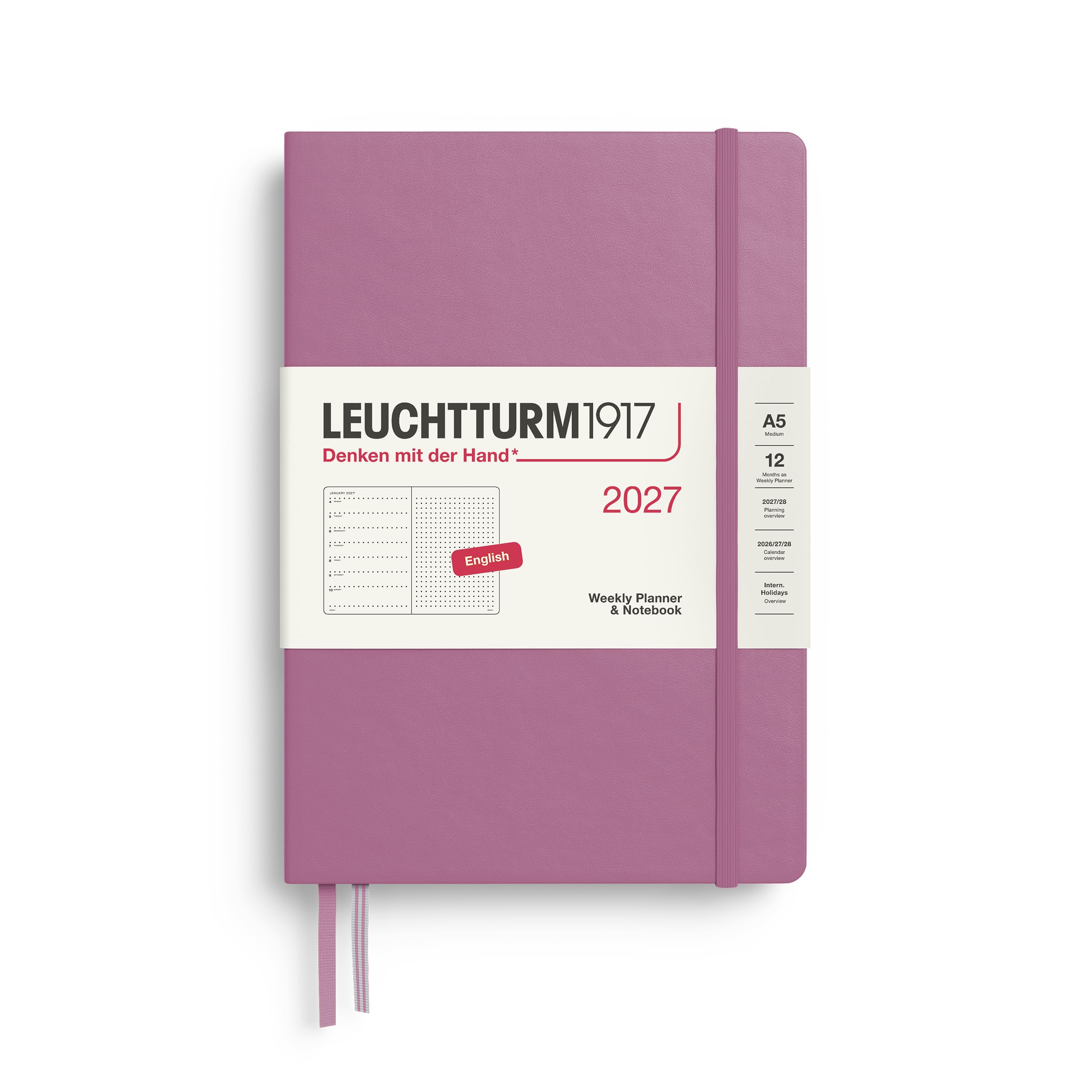 LEUCHTTURM1917 Weekly Planner 2027 Dotted Medium (A5) with Notebook, Dotted - Diary English, Dusty Rose, Hard Cover, January-December 2027, Week to View Left + Note Page Right