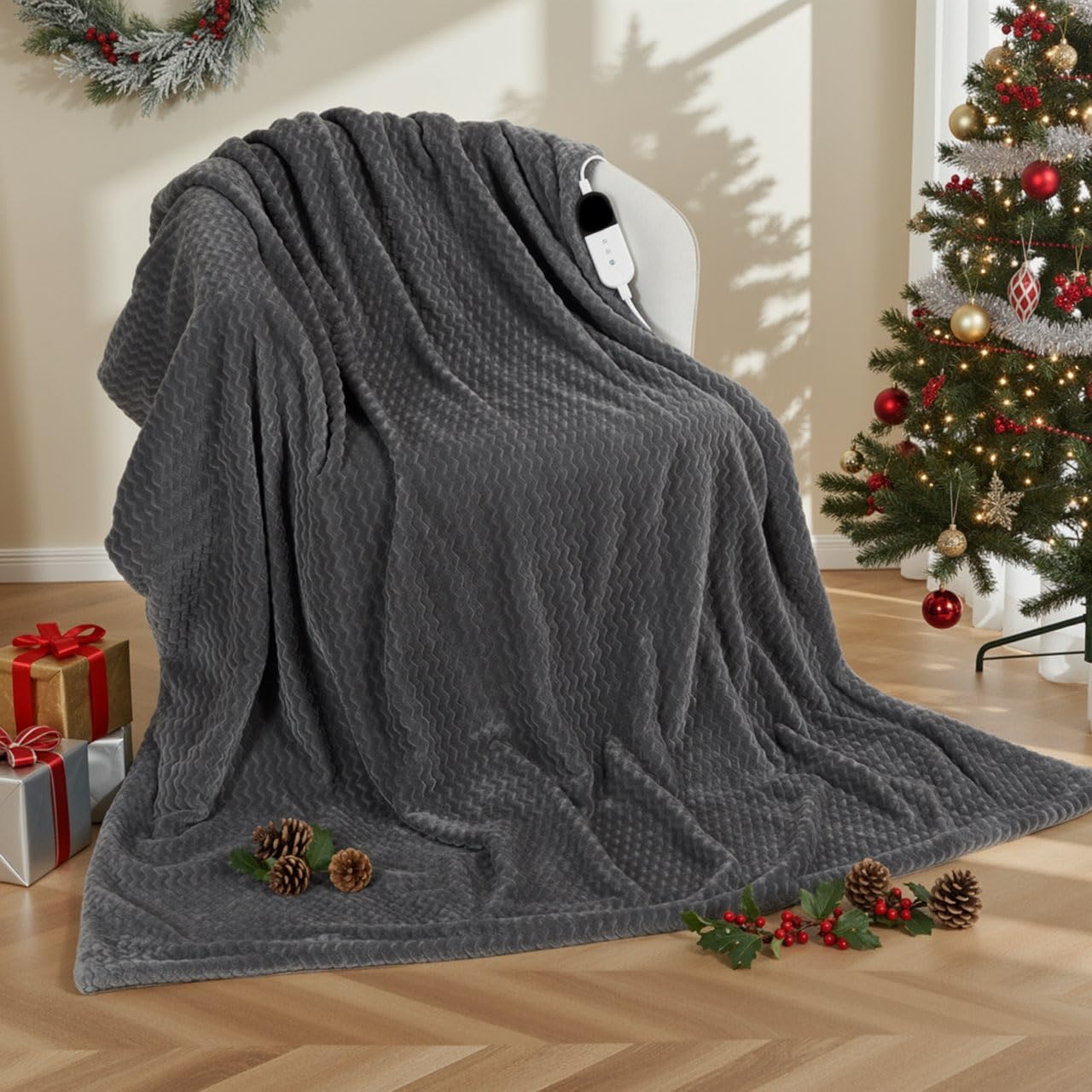 Flannel Electric Heated Blanket with Wave Pattern 130*180cm, Large Electric Blanket with 6 Heat Levels and Auto Shut-off 1-10H, Machine Washable Heater for Sofa Bed Office (Grey)