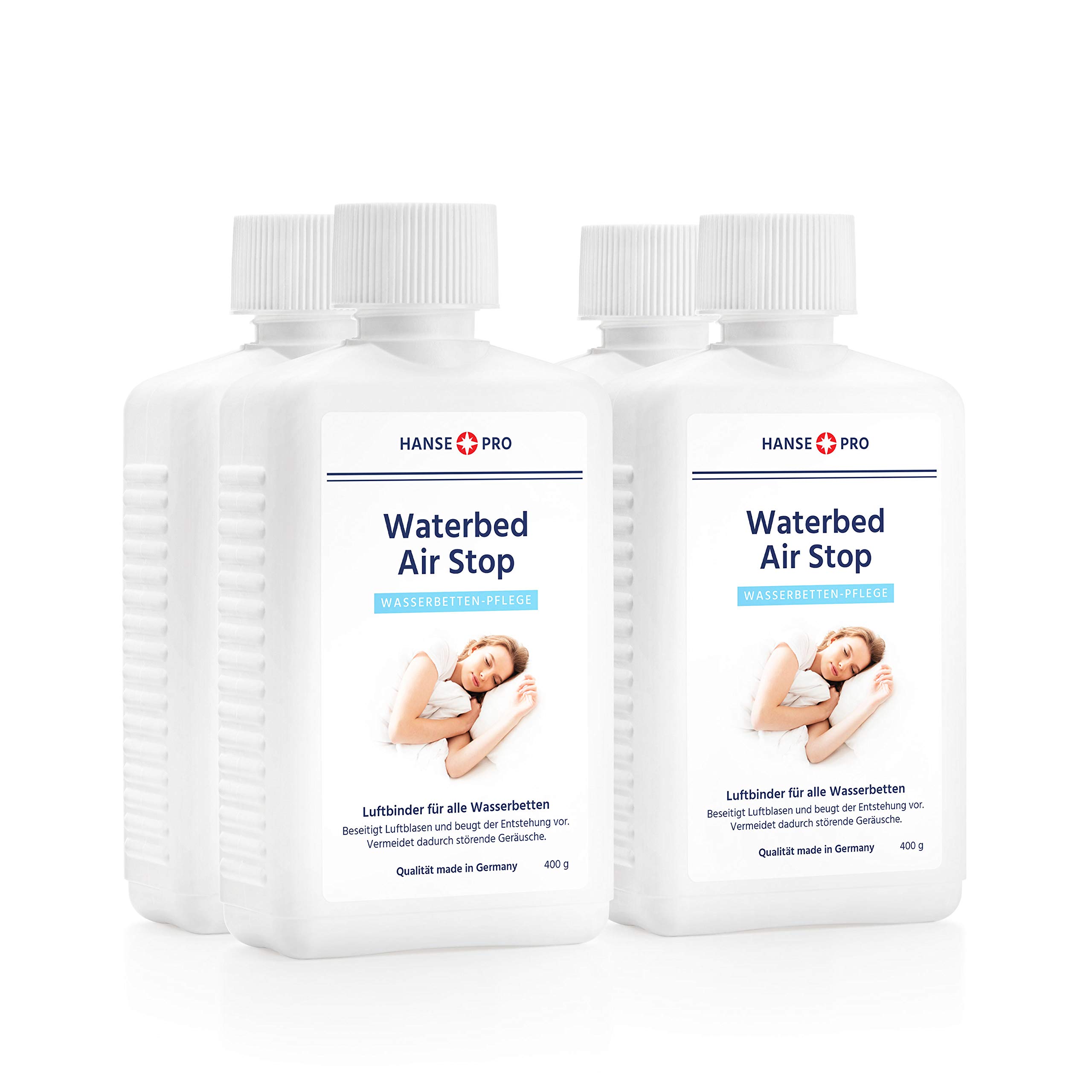 Hanse Pro Waterbed Air Stop (4 x 250 ml) I Luftbinder I Wasserbetten-Pflege I Zubehör für Wasserbett I für alle Wasserbetten geeignet I wirkt effektiv gegen Blasenbildung