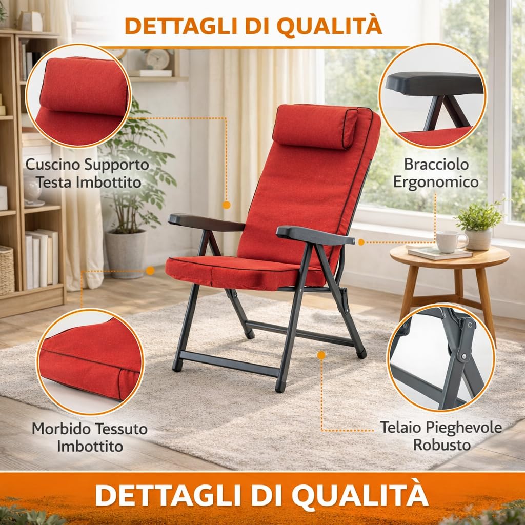 MA MAISON Sedia Reclinabile Imbottita 122x60x61 cm - con Poggiatesta, 6 Posizioni, Braccioli Ergonomici, Struttura in Acciaio, per Interno, Esterno - Made in Italy ROSSO
