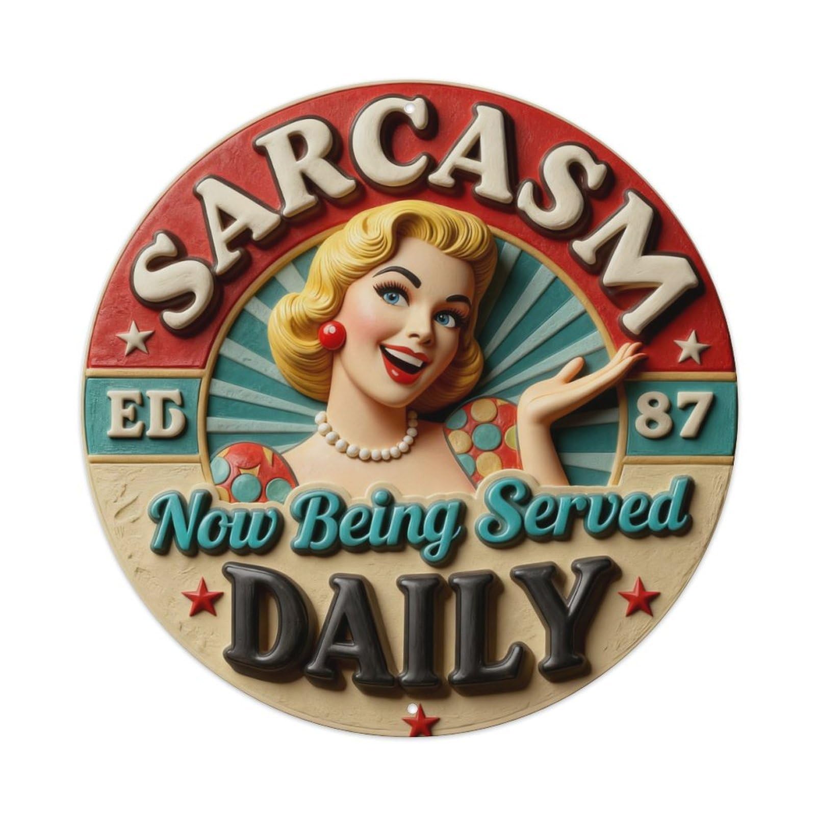 Sarcasm Ed 87 Now Being Served Daily Round Metal Tin Sign Vintage Wall Decor, Bar Garage Cafe Kitchen Home Wall Art Poster 8x8inches