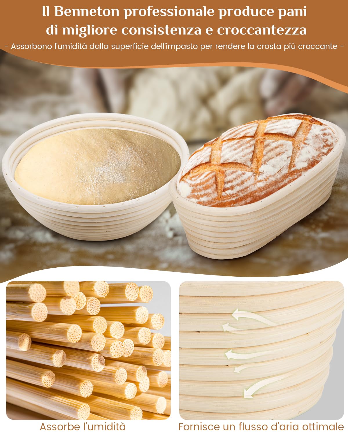 Set 6 Cestini Per Lievitazione Pane – 22,9 Cm – In Rattan, Con Fodere In Tessuto E Raschietti In Plastica