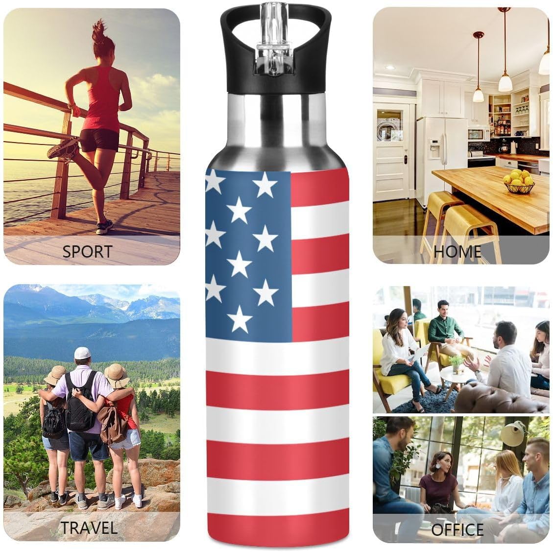 ALAZA American Flag Striped Water Bottle with Straw Lid Insulated Stainless Steel Travel Water Flask Leakproof Bottle for Women Men
