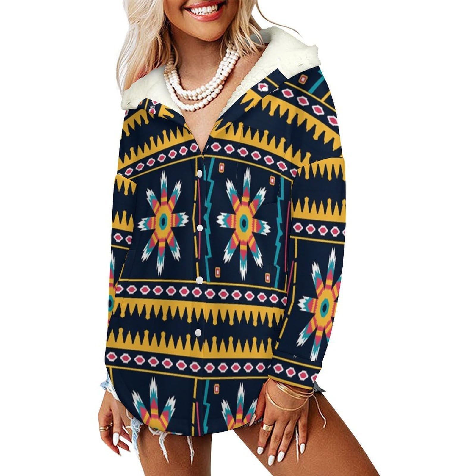 Sudadera Invierno con Capucha de Forro Polar Mujer Rayas Geométricas Triangulares Cálido Hoodies a Manga Larga Felpa Sudadera con Bolsillos, Marrón