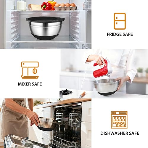 Miniatura 14 de CHAREADA Tazones de mezcla con tapas herméticas, juego de 18 cuencos de acero inoxidable para mezclar anidación, parte inferior de silicona