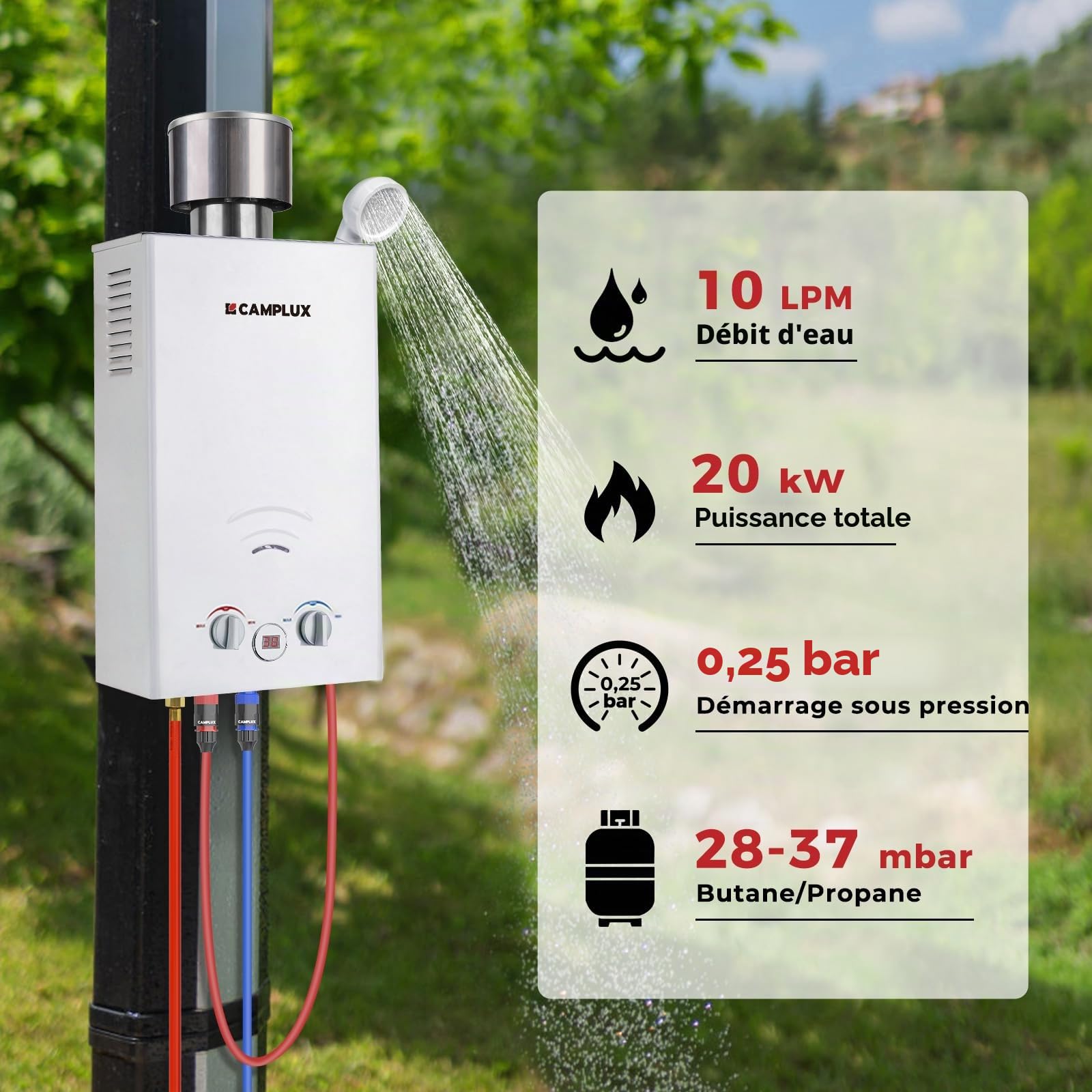 CAMPLUX BW264C 10 Litres Chauffe-eau à Gaz, Butane (28-30 mbar)/ Propane (37 mbar), avec Couvercle de Pluie, pour le Camping/RV