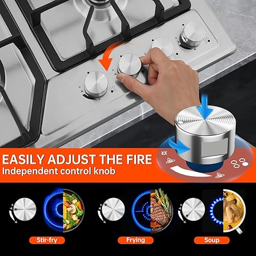 Miniatura 4 de Placa de cocina de gas integrada de 22"x20" con 4 quemadores, estufa de acero inoxidable con kit de conversión NG/LPG, protección de termopar y