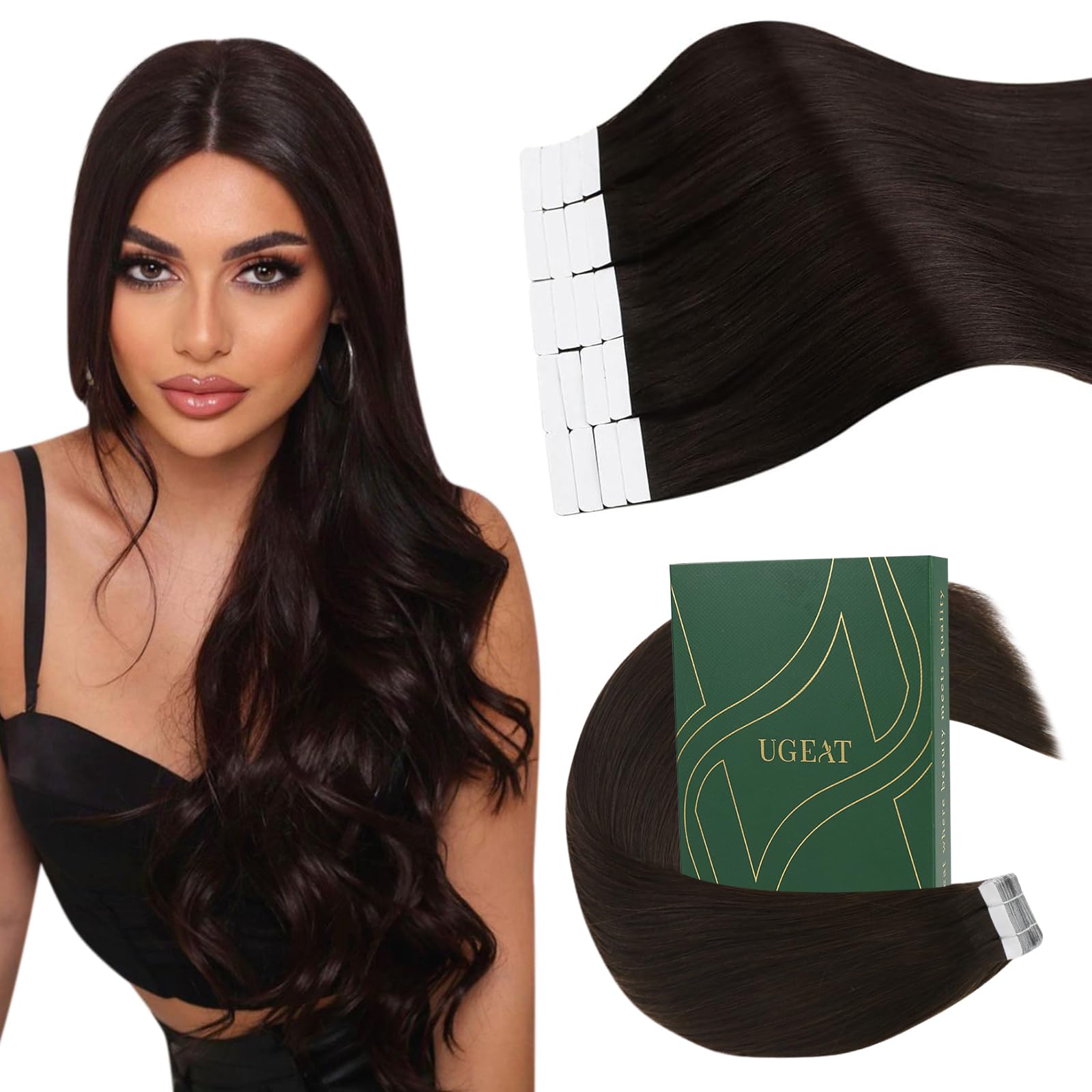 Ugeat 24 Inch Hair Extensions Tape in Human Hair Dark Brown Tape in Hair Extensions Real Human Hair Brown 50G Straight 20Pcs #2