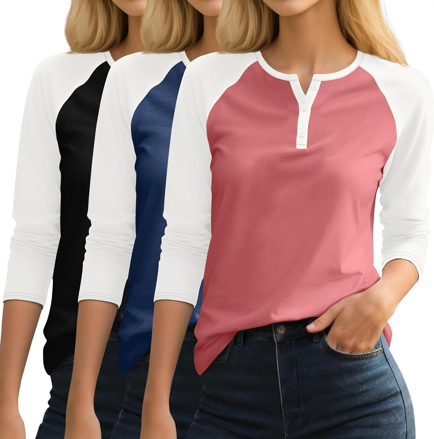 Oakgarden 3 Pack Womens 3/4 Raglan Sleeve Shirts V Neck Baseball Tee Color Block Tops Tunic Blouses Button Henley T Shirts