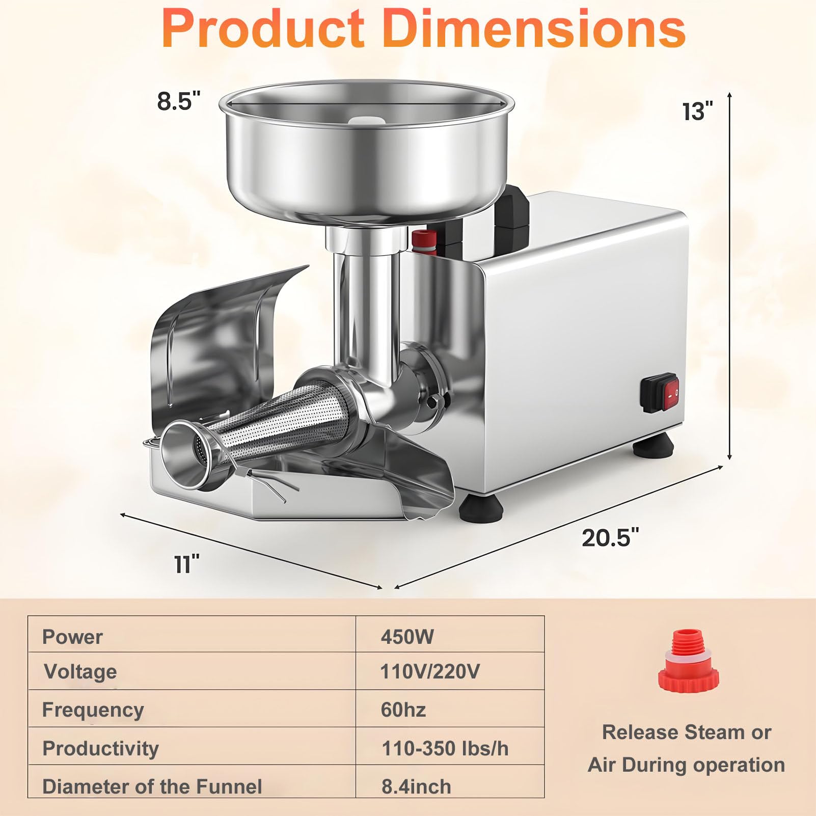 Macchina per la macinazione dei pomodori Commerciale, passapomodoro Elettrico da 450 W, pressa per Alimenti in Acciaio Inossidabile, per Salsa di Pomodoro, Fragole e mirtilli 110V