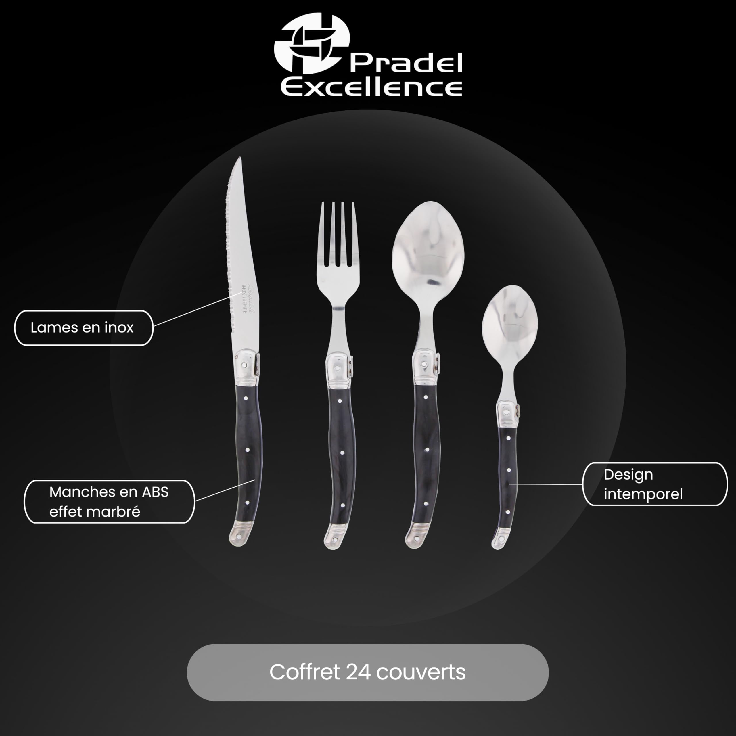 Pradel Excellence - I7214BIS - Ménagère Laguiole 24 pcs - 6 Couteaux, 6 Fourchettes, 6 Cuillères à Soupe, 6 Cuillères à Café - Lames Inox - Manches ABS Gris Effet Marbré - Coffret de Rangement